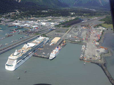 Two ships at dock in Seward. The community will welcome 67 cruise ships this year.