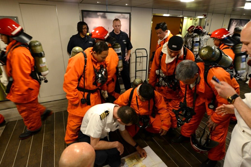 Crewmembers conduct a fire drill